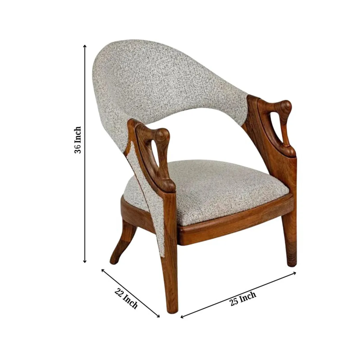 Grey and teak wood accent chair shown with dimension arrows