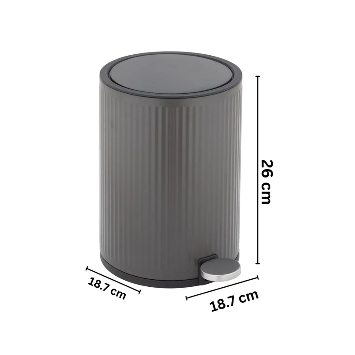 Grey cylindrical dustbin with pedal, shown with dimensions