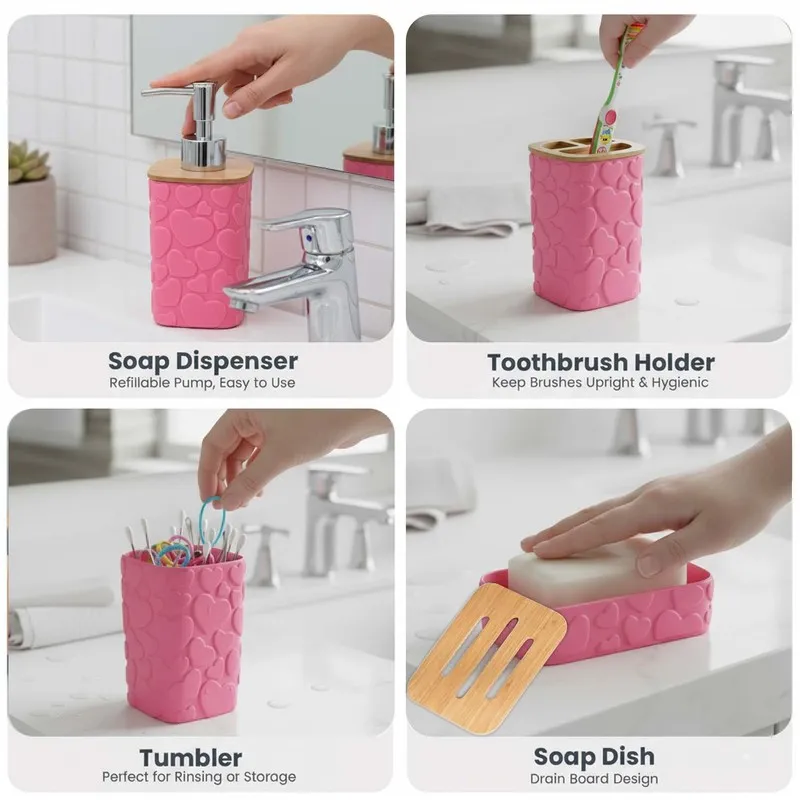 Four-panel view showing the pink soap dispenser, toothbrush holder, tumbler and soap dish