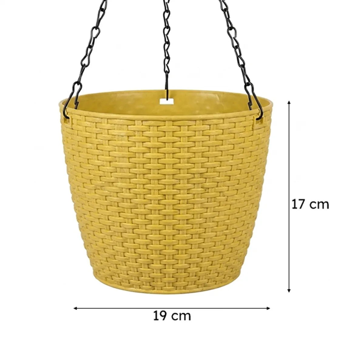 Yellow hanging planter with chain shown against a white background