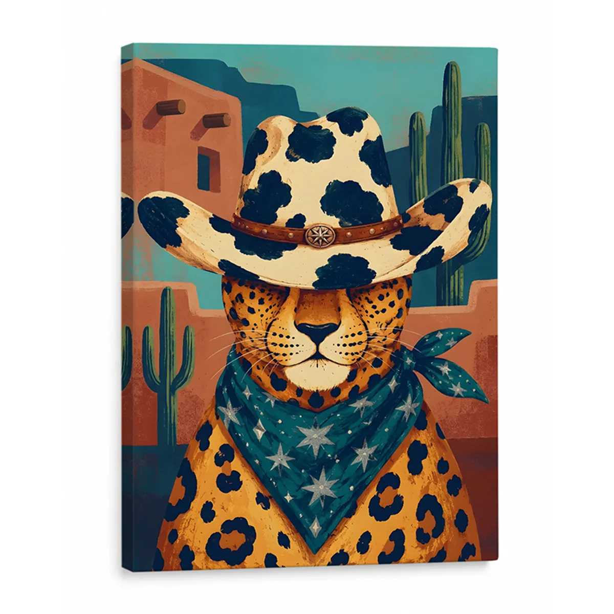 Front view of leopard canvas wall painting with desert backdrop