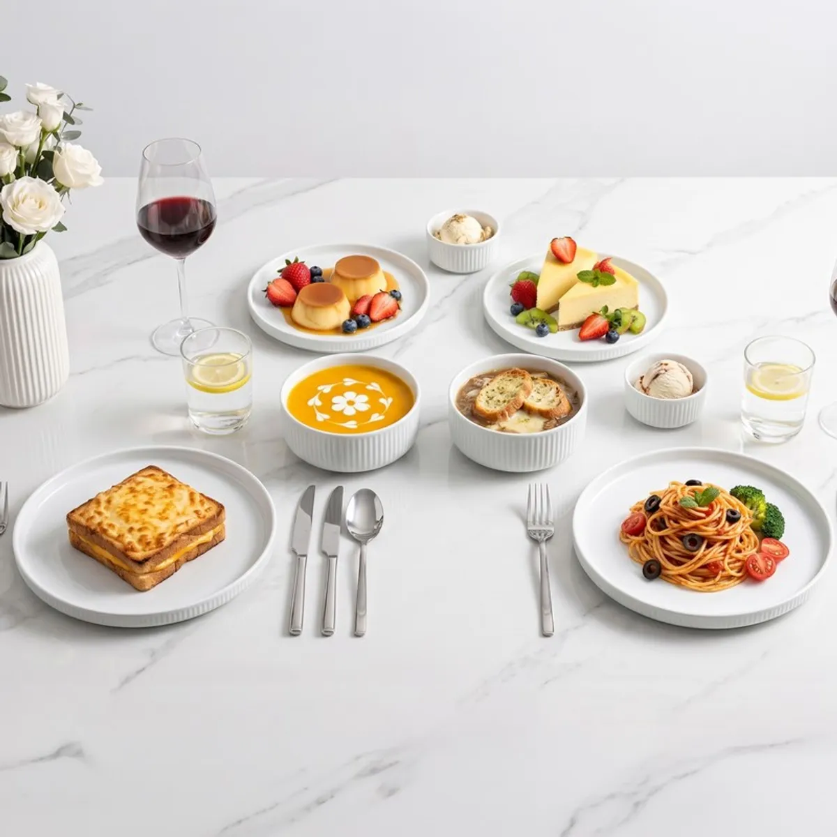 White dinner set laid out with plated food, bowls and desserts on a marble table