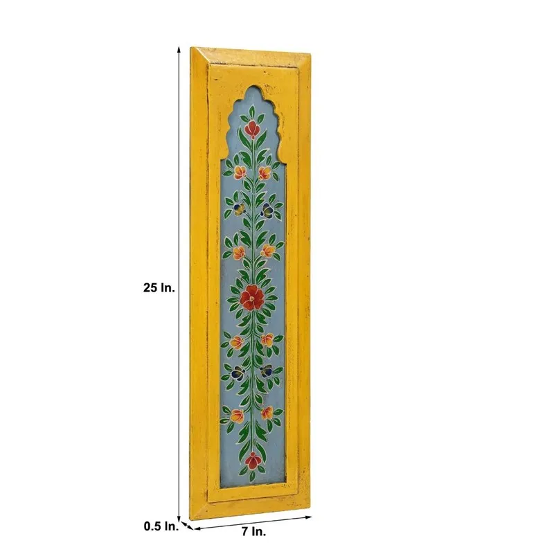 Yellow rectangular wall accent with floral design and dimensions shown