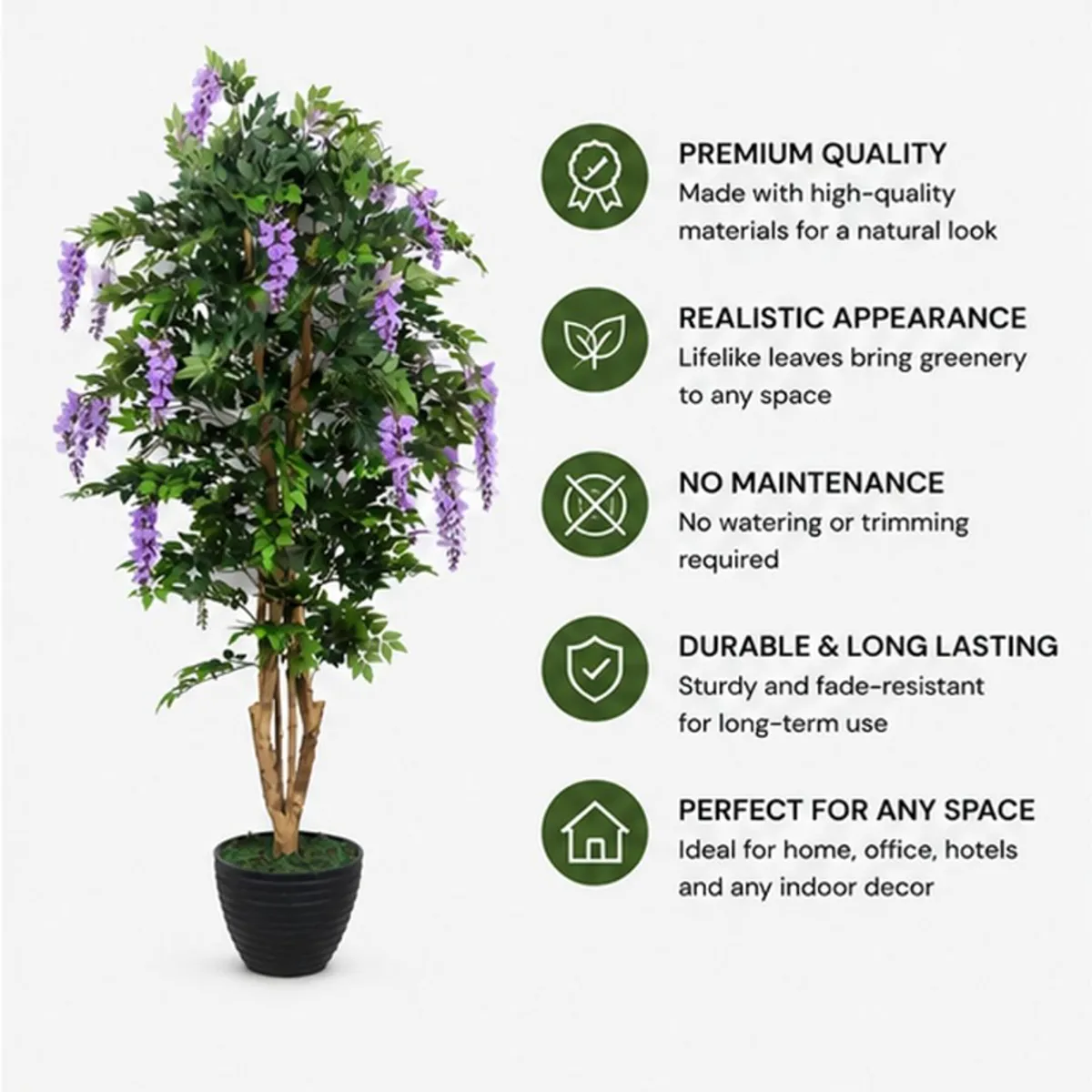 Artificial purple wisteria tree shown with green foliage and product feature callouts