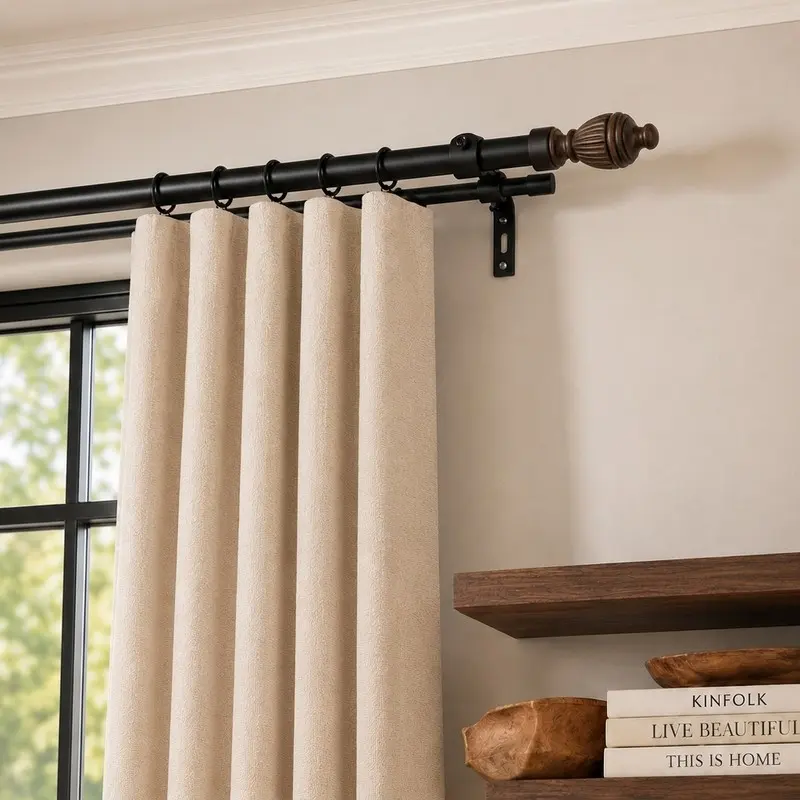 SpanFit Extendable Double Curtain Rod with Carved Brown Wood Finial & Bracket - Black - Medium