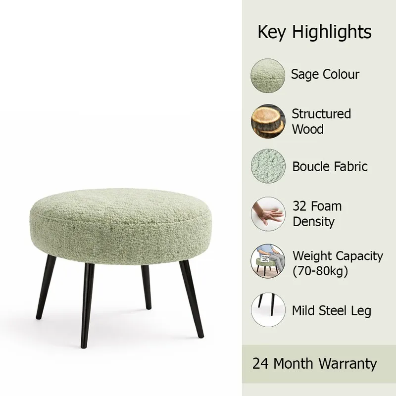 Round bouclé stool shown with visible fabric and black legs