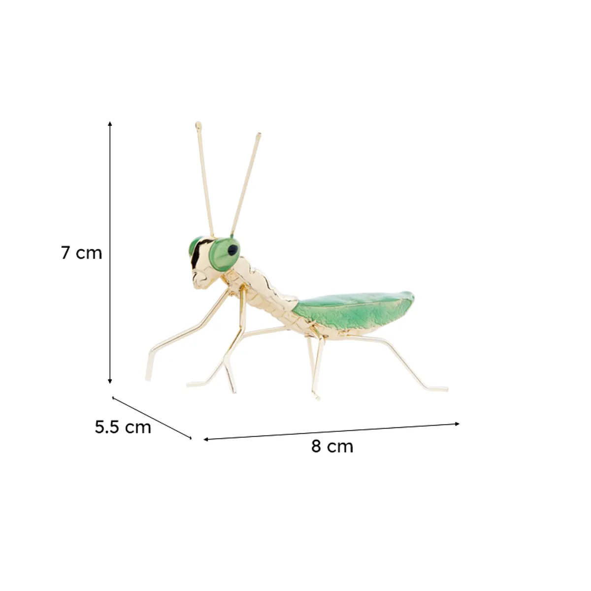 Green and gold praying mantis showpiece shown with dimensions
