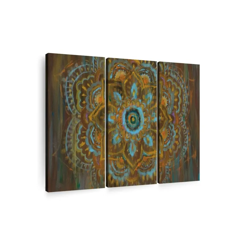 Angled view of three-panel gallery-wrapped mandala canvas wall painting