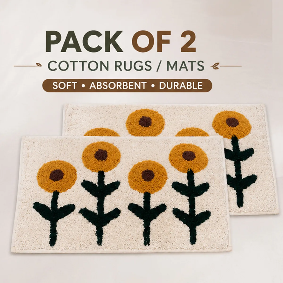 Two white floral mats shown together with yellow flower motifs