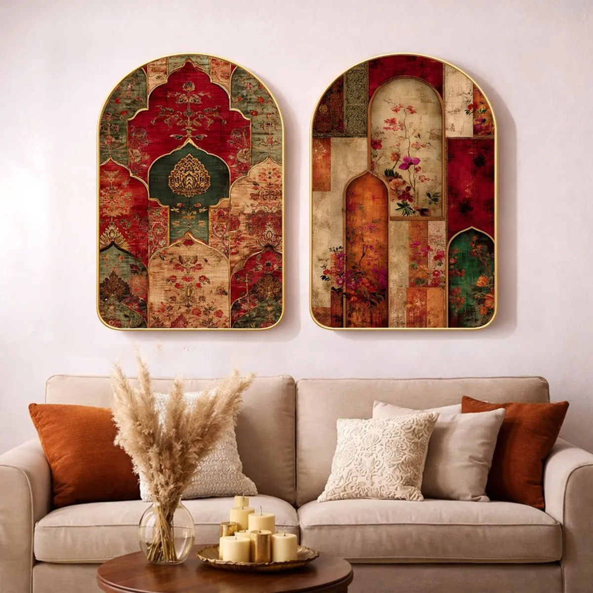 Two arched floral wall art panels displayed above a beige sofa