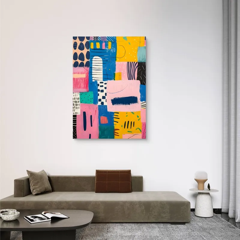 Abstract patchwork canvas wall painting styled above a low bench in a modern interior