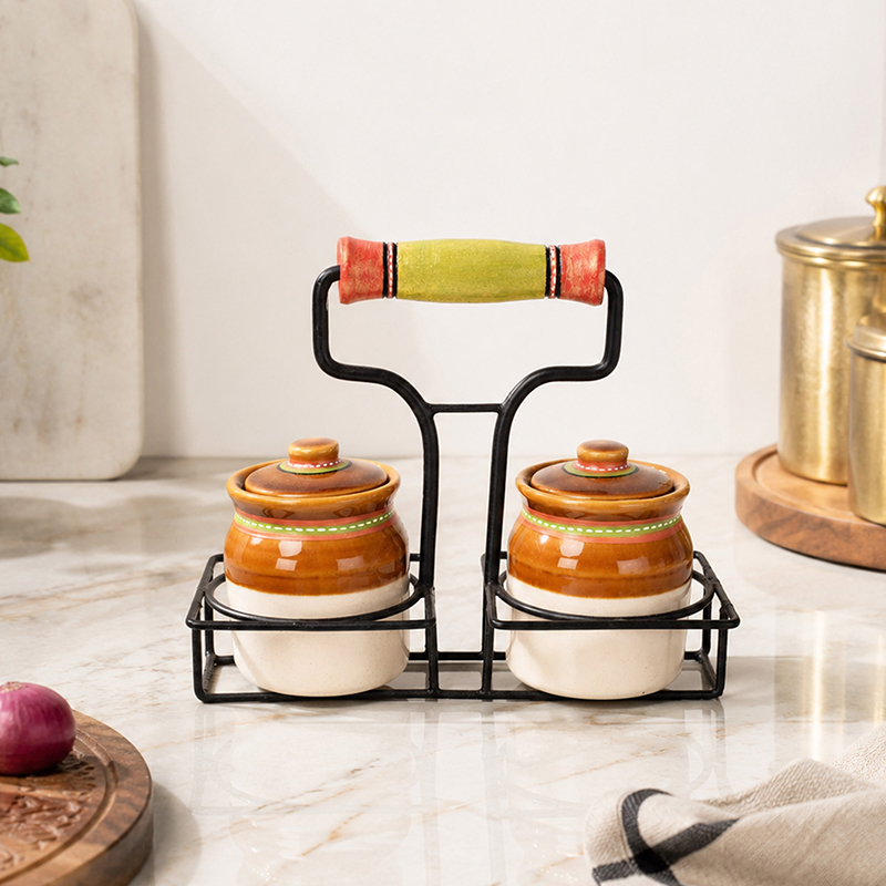 Dharani Ceramic Jar Set With Metal Tray - Three Piece Set - 150 ML