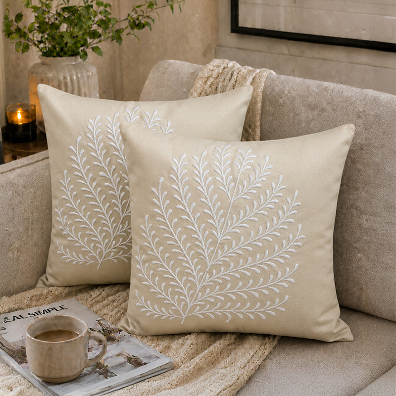 Leaffy Embroidered Cushion Covers - Set of Two - 16 x 16 inches