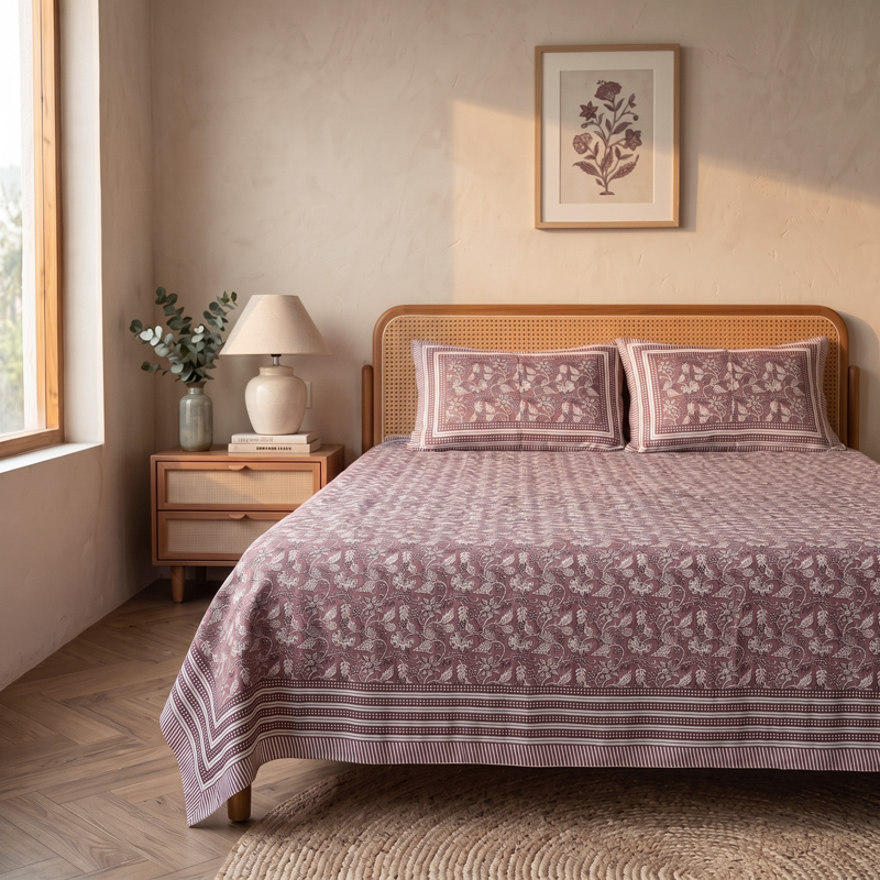 Sage Botanical Cotton Bedsheet - 186 TC - Queen/Double