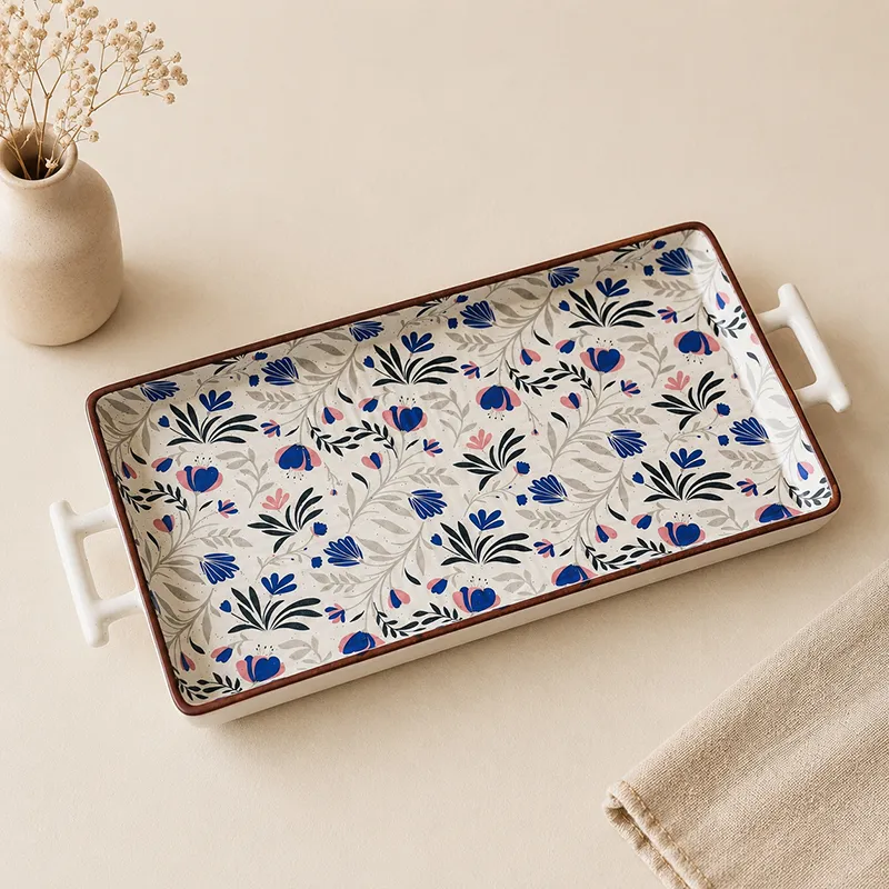 Rectangular floral ceramic serving tray shown from above