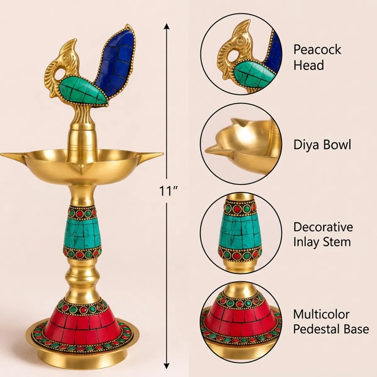 Brass diya shown with peacock head, diya bowl, decorative stem and multicolour base