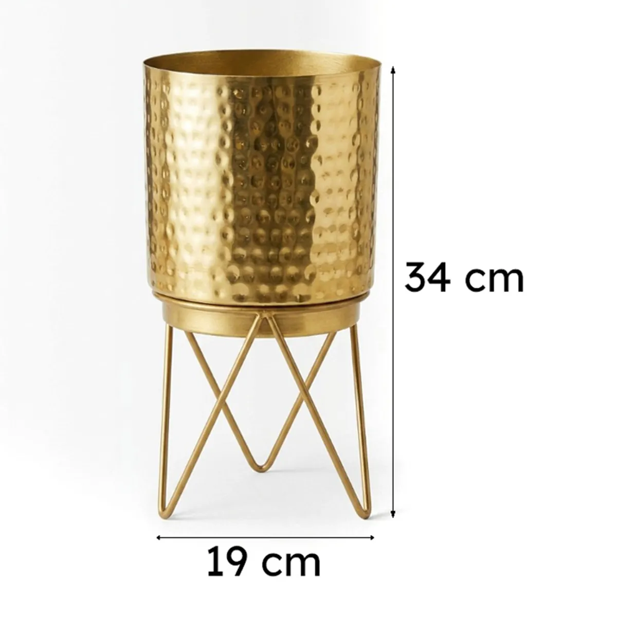 Gold hammered planter on stand with visible overall height and width markers