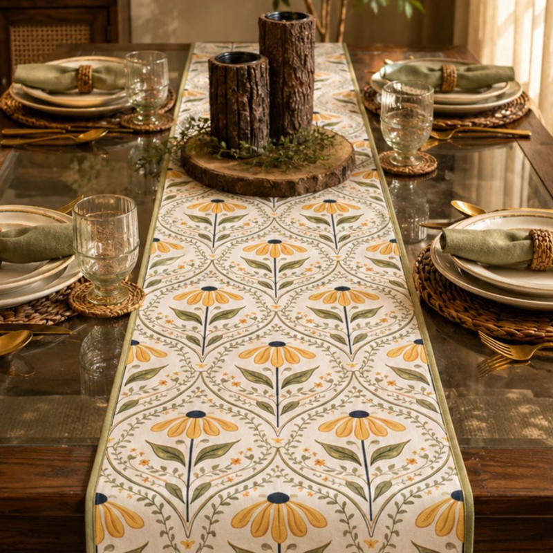 Leaf Bloom Poly Canvas Table Runner - 4 Seater