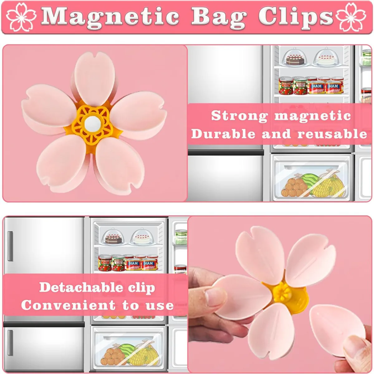 Pink flower magnetic bag clips shown beside an open refrigerator.
