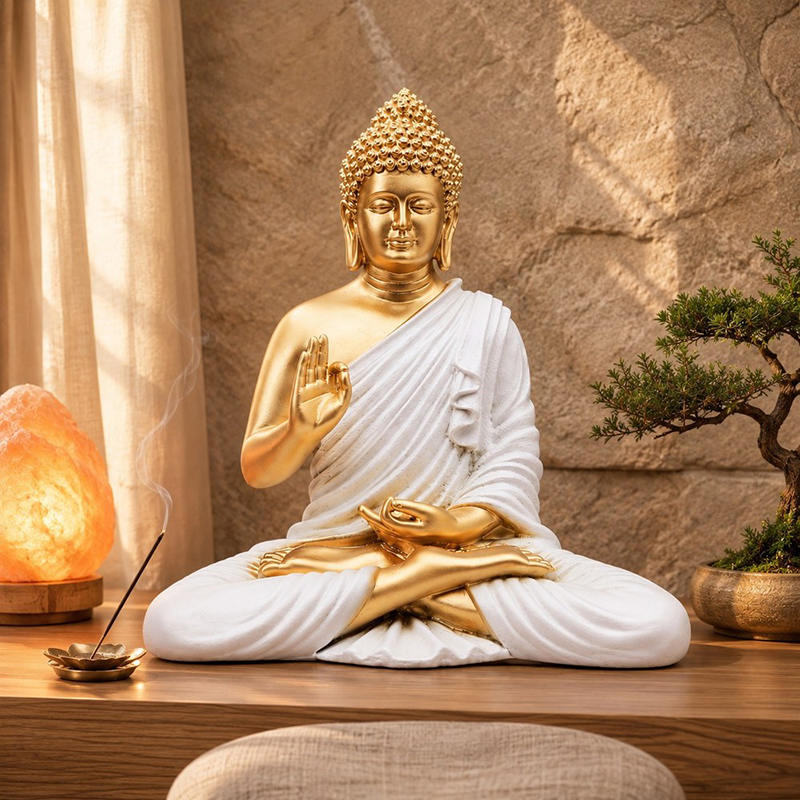 Karuna Bodhi Buddha Idol - White & Gold