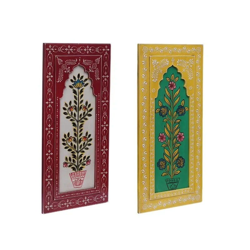 Angled view of two rectangular floral wall accents in red, yellow and green