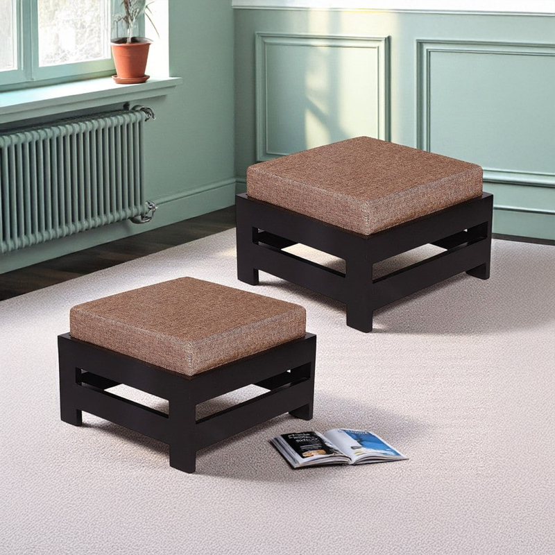 Mynex Sheesham Wooden Stool With Cushions (Beige) - Set of Two