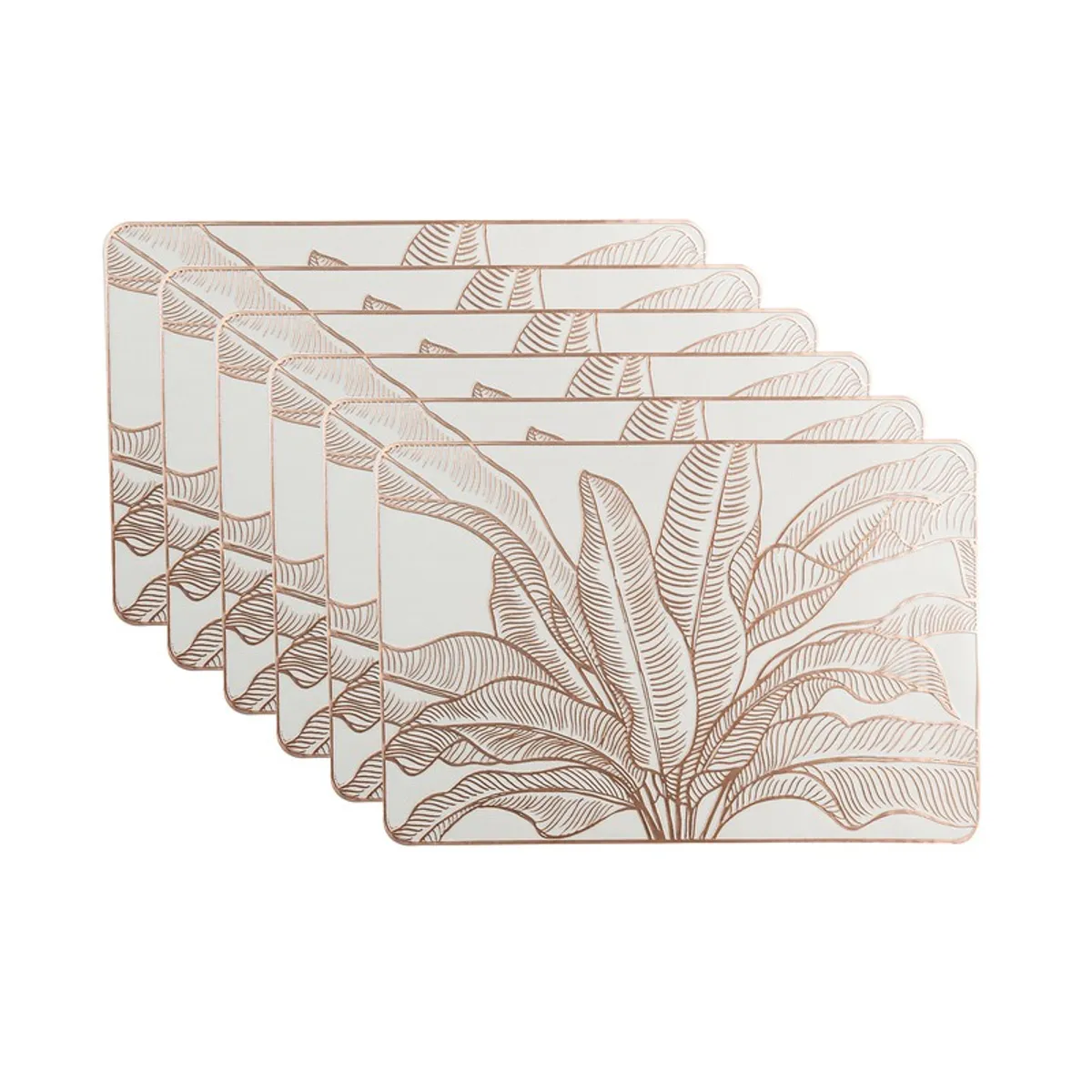 Six rectangular gold placemats stacked in a fan arrangement