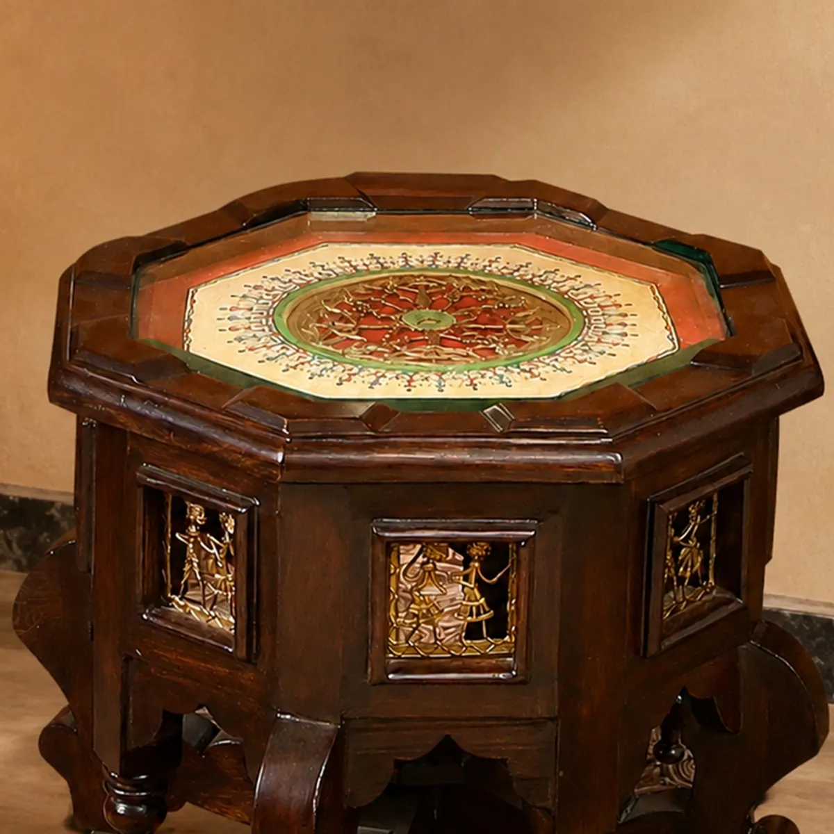 Close view of the side table showing the decorative top and panel details