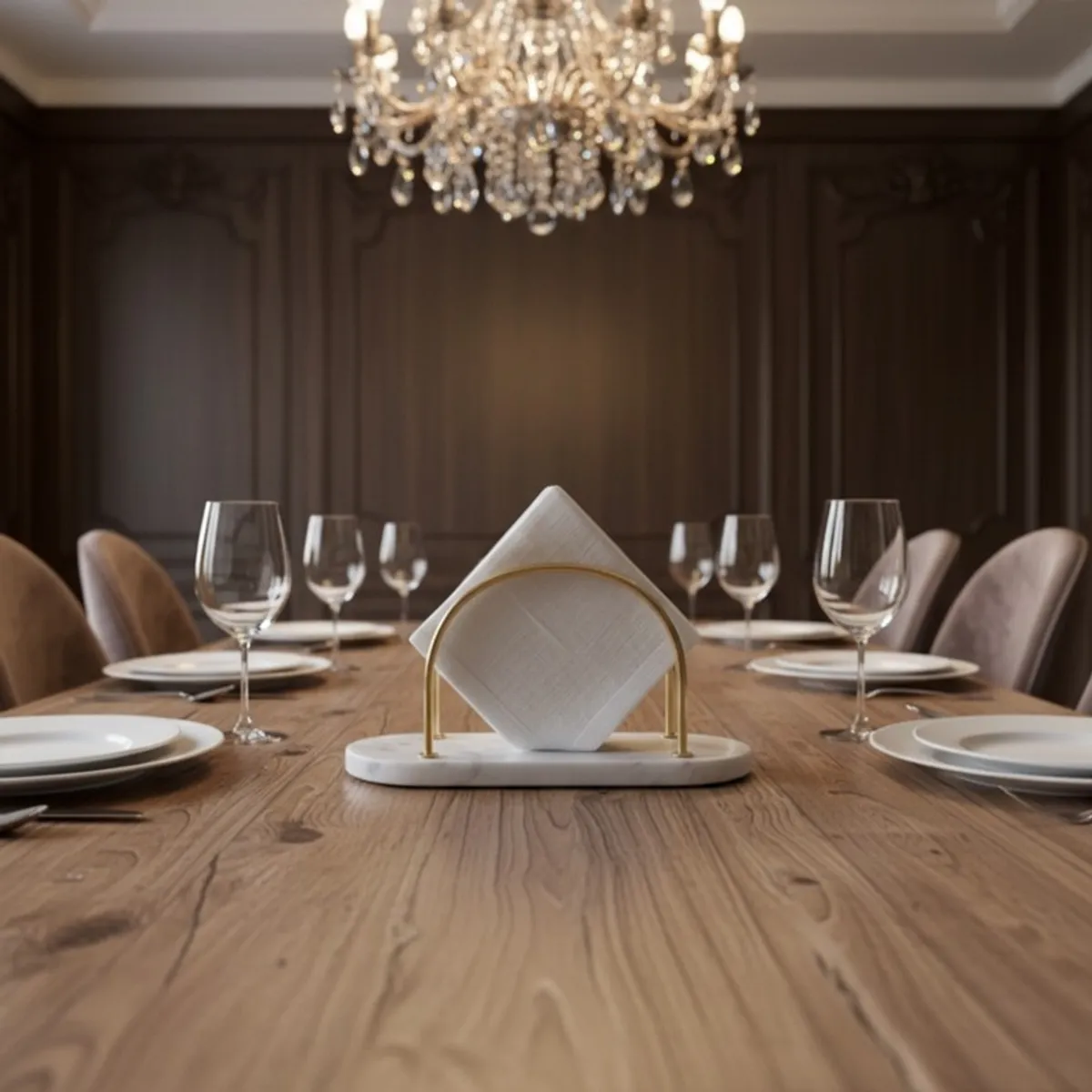 Front view of marble tissue holder with gold arch on a dining table
