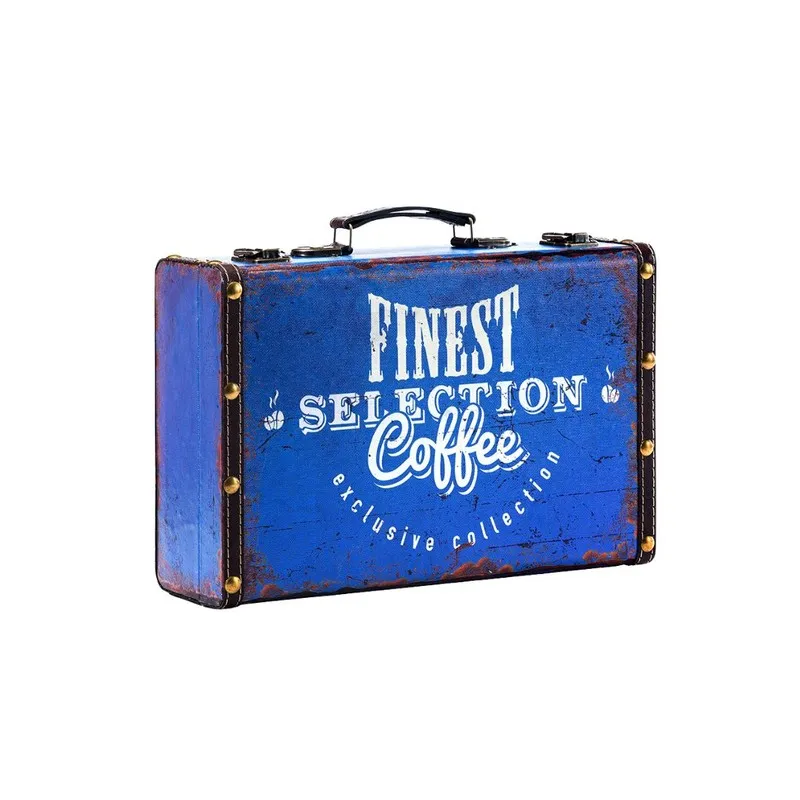 Blue rectangular storage trunk box with white coffee-themed lettering