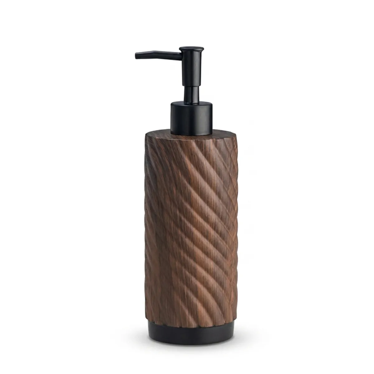 Brown cylindrical soap dispenser with black pump on white background