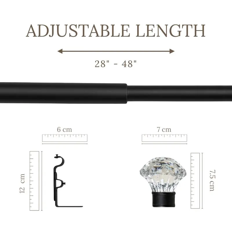 Extendable black curtain rod shown with bracket and clear finial