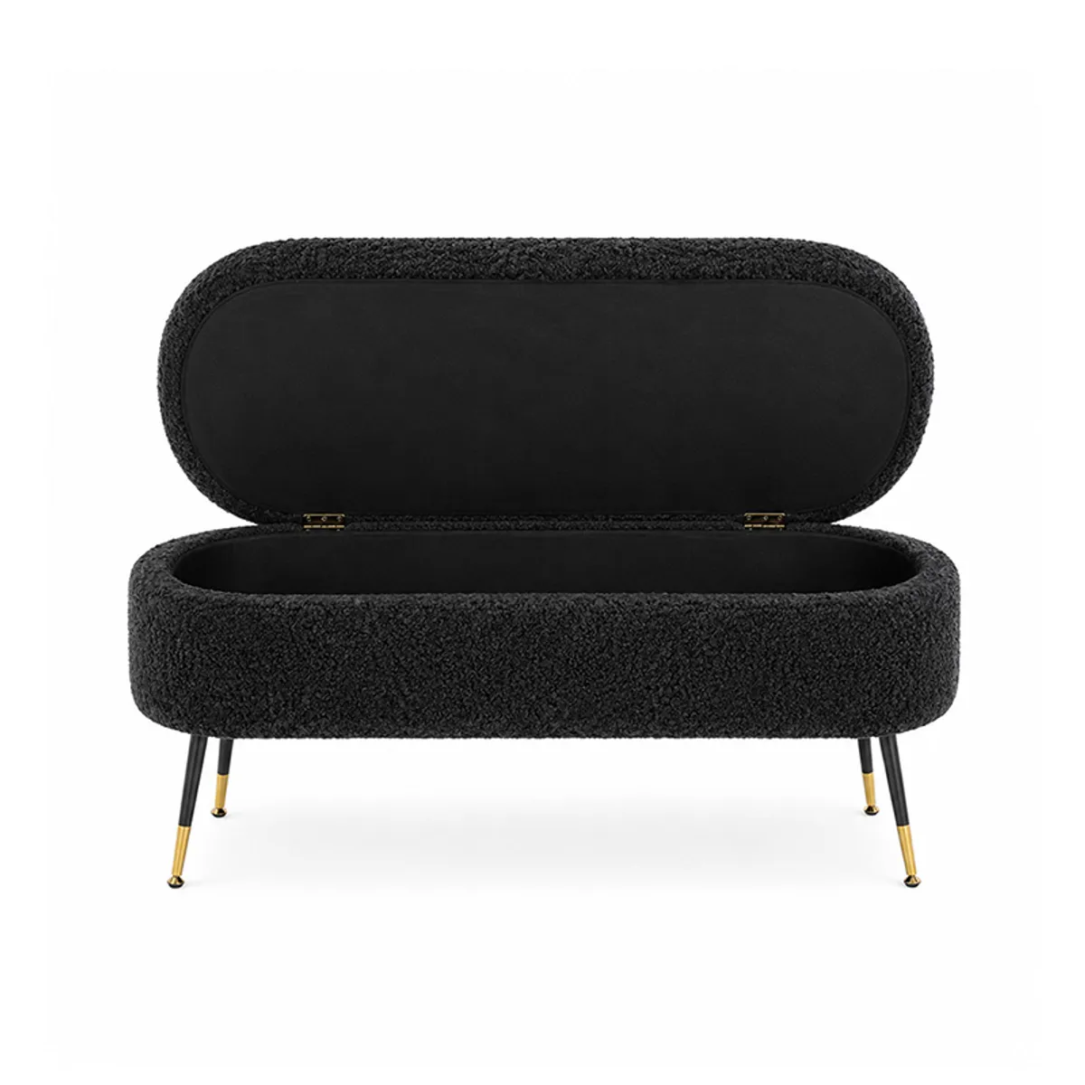 Dark grey bench shown open to reveal its internal storage space