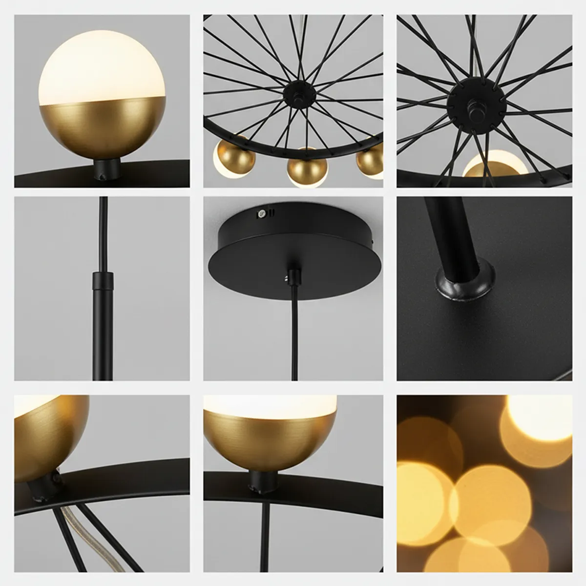 Close-up collage showing the lamp's globes, frame, canopy and suspension rod.