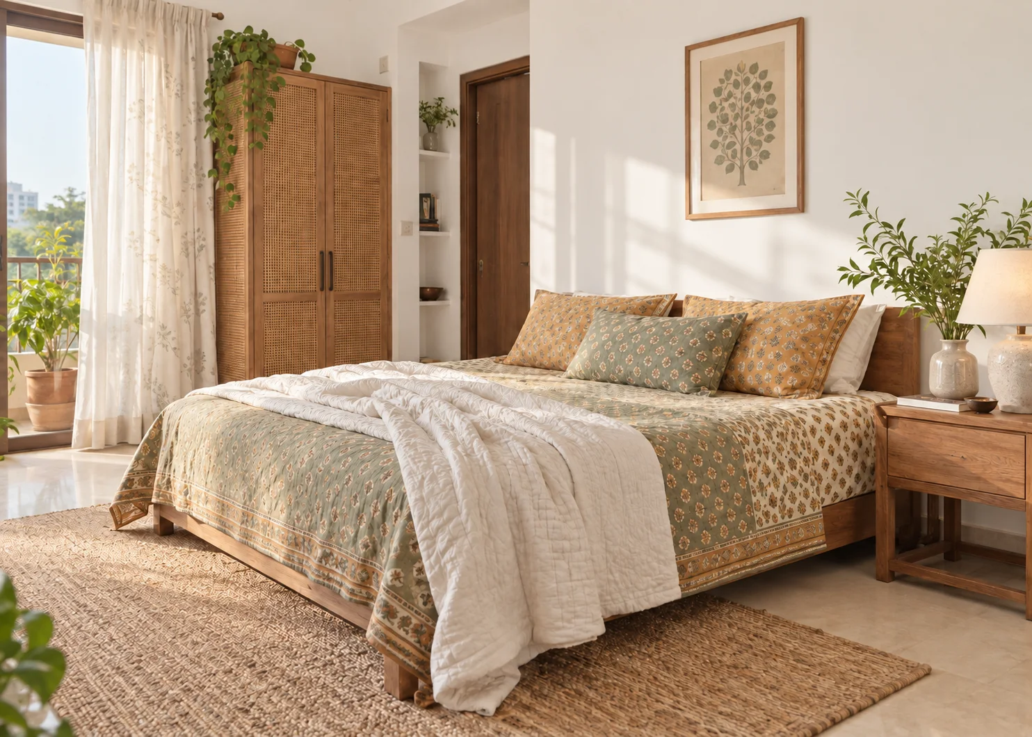 A comfortable bed with soft printed cotton bedding in a sunlit room