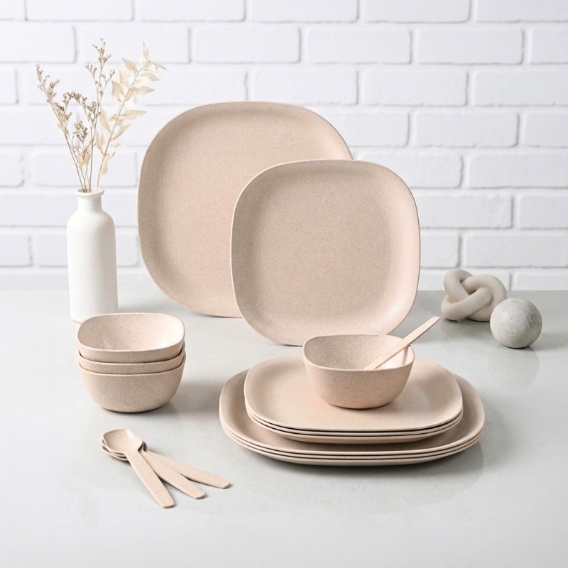 Everyday Elegance Rice Husk Beige Dinner Set - Sixteen Piece Set