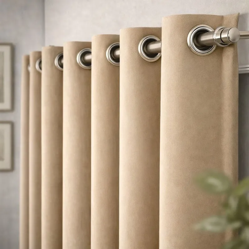 Close-up of beige velvet curtain with metal eyelets on a curtain rod