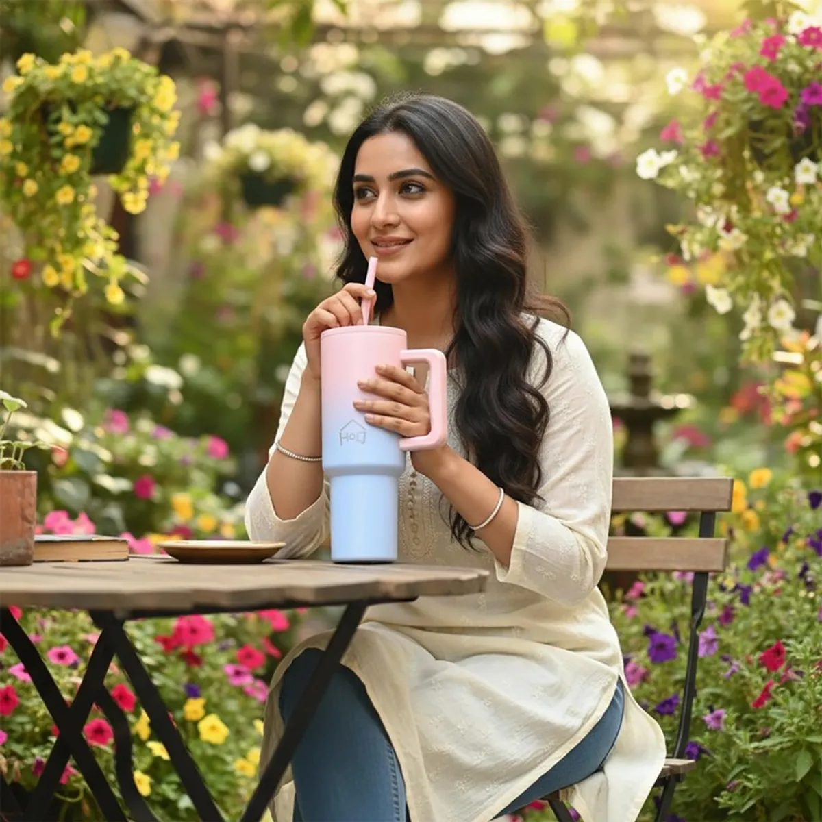 Woman holding a pink and blue gradient tumbler in a garden