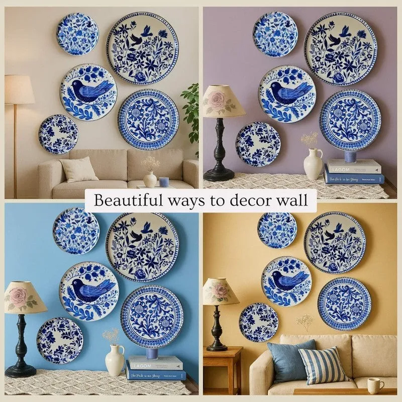 Five blue-and-white decorative wall plates styled in four living room settings