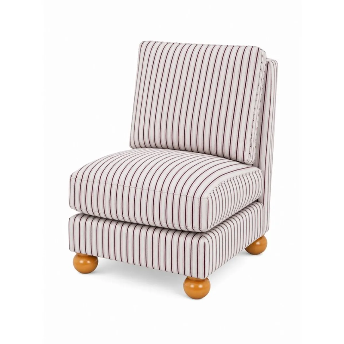 Angled view of a white striped accent chair with rounded wooden feet