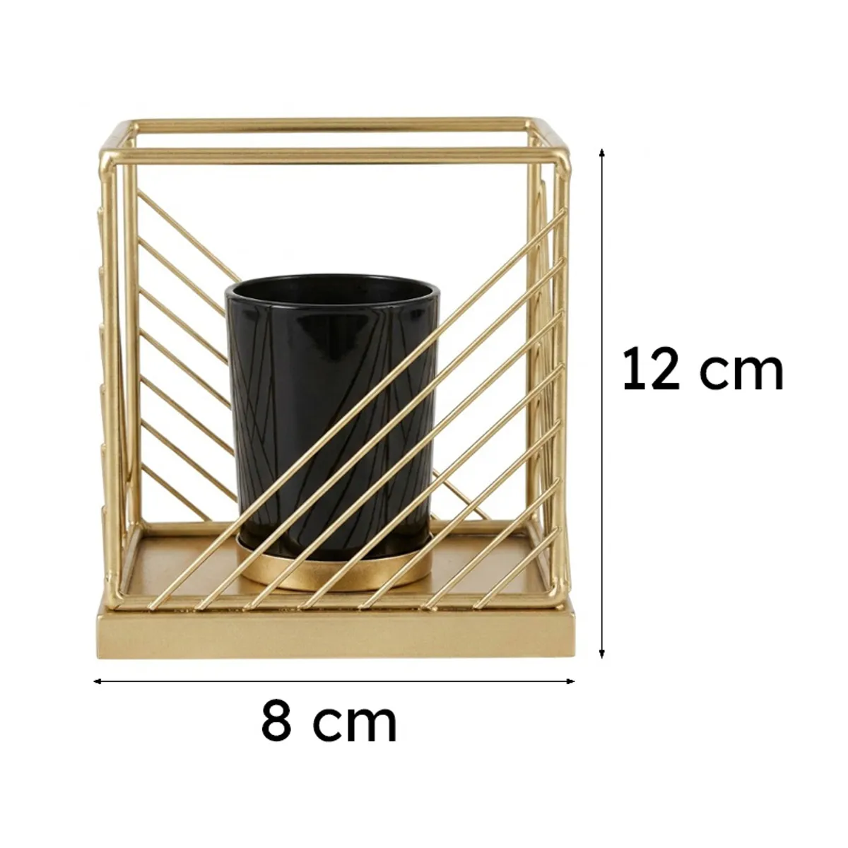 Gold geometric metal planter with black pot on a white background