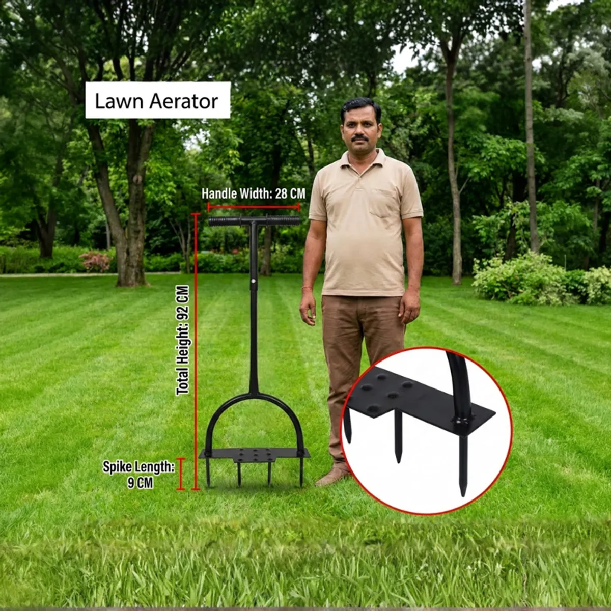 Lawn cultivator shown beside a person for scale