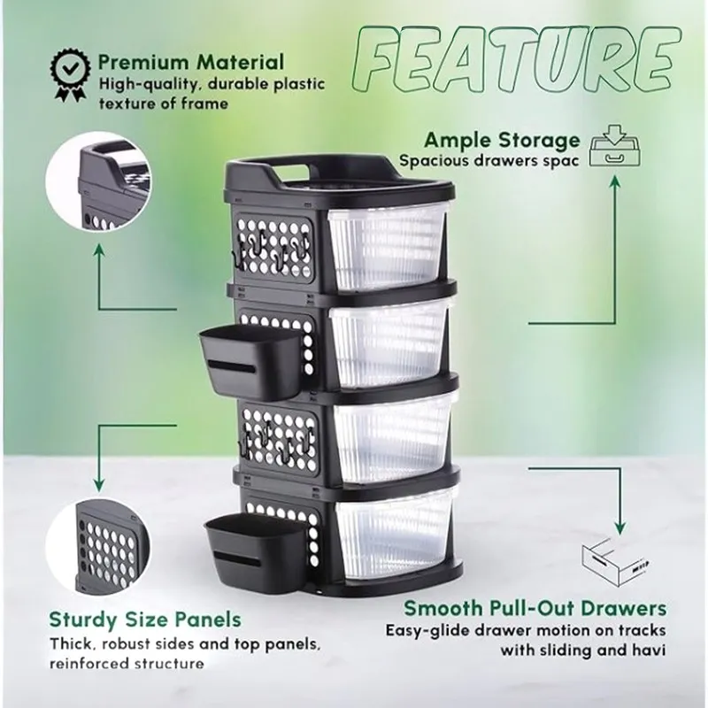 Black organiser rack with transparent drawers and side baskets highlighting its features