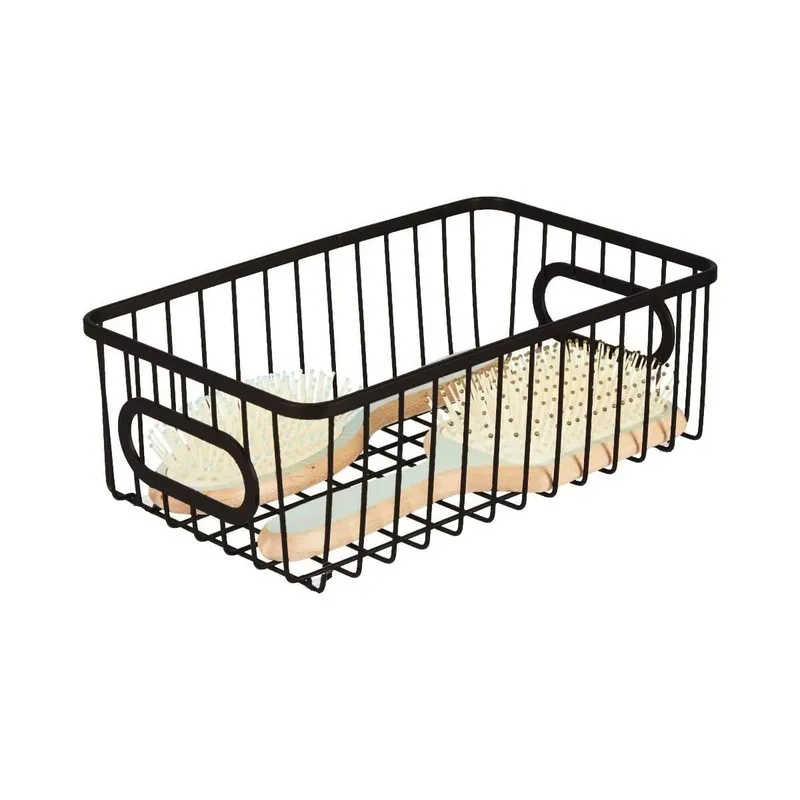 Single black wire storage basket with handles holding small brushes
