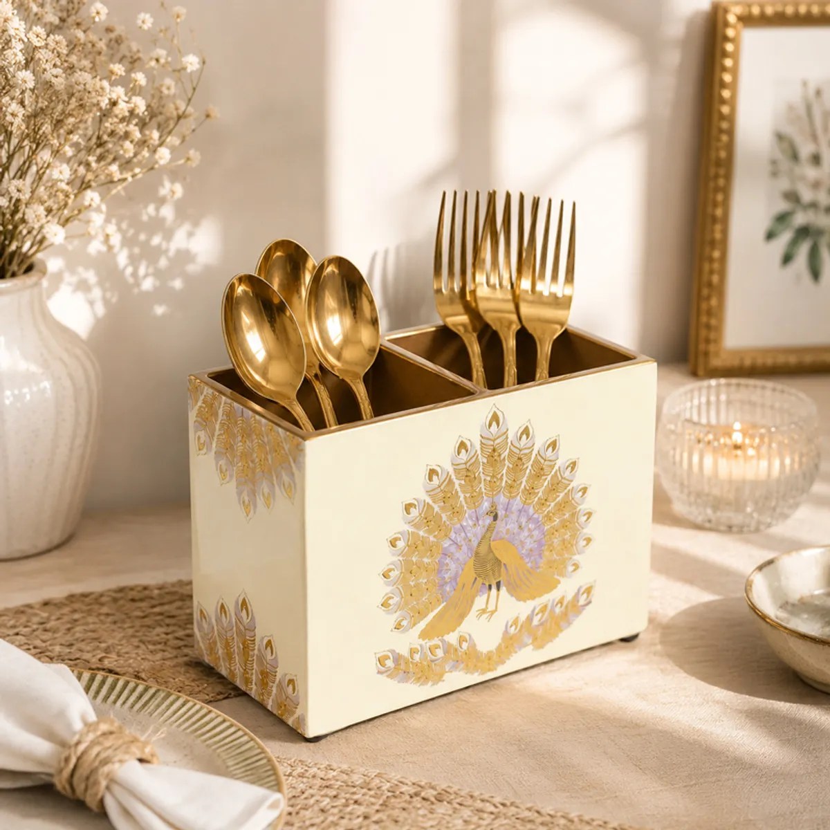 Peacock cutlery stand holding gold spoons and forks in two sections