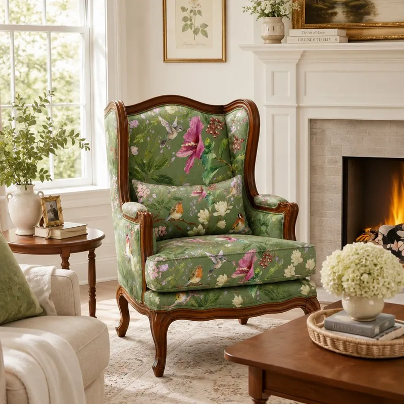 Teak wood lounge chair with green floral upholstery beside a fireplace
