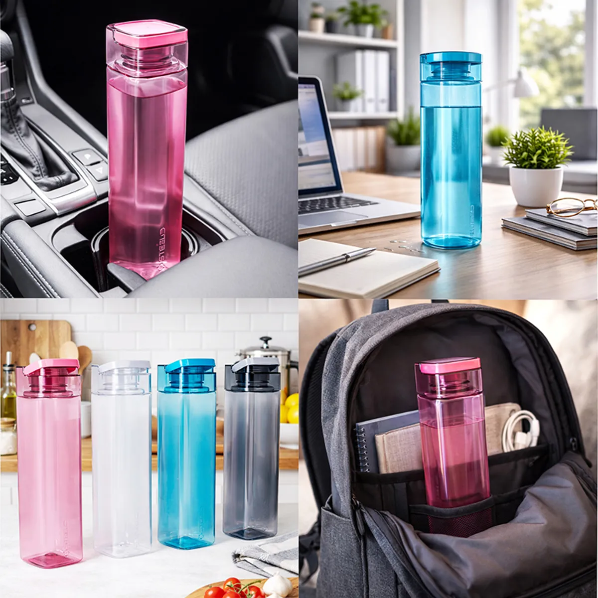 Colourful water bottles shown in a car, office, kitchen and backpack settings.