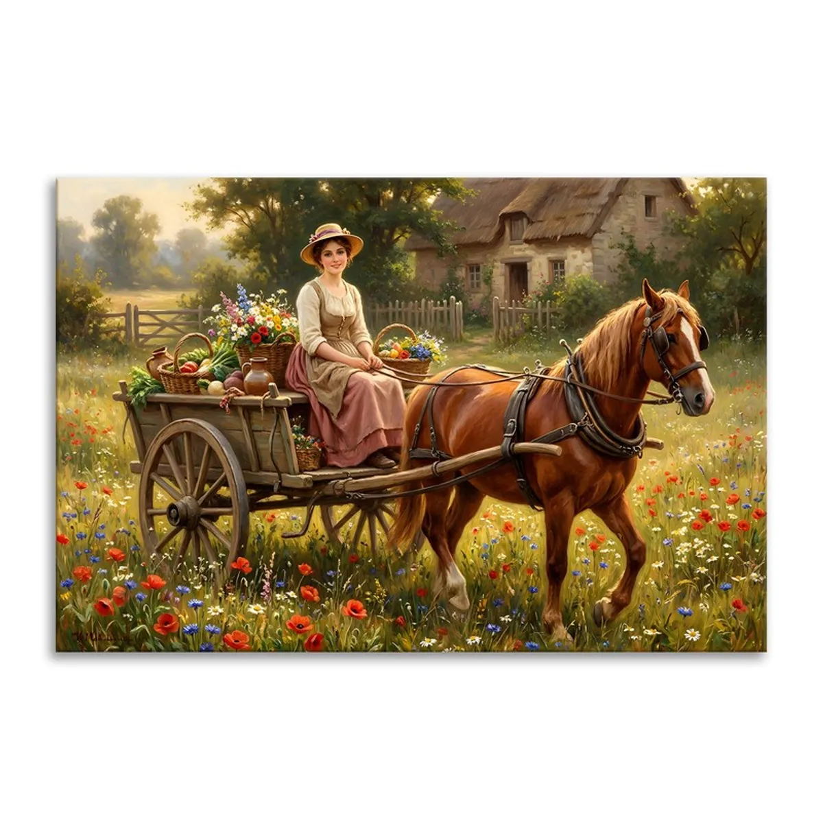 Rectangular canvas print with a vintage wagon, horse and rustic cottage meadow scene