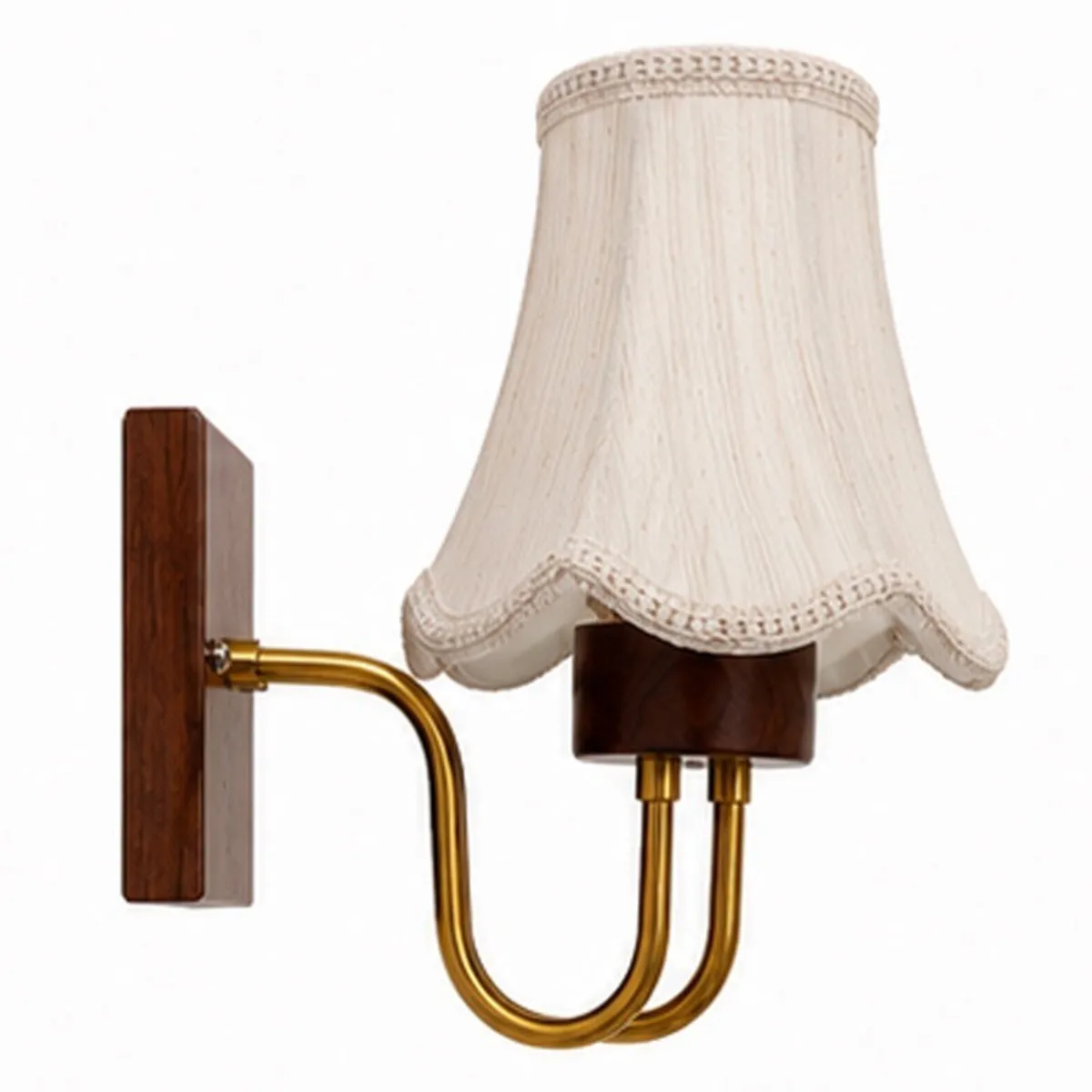 Side view showing the wood wall plate and curved gold metal arm