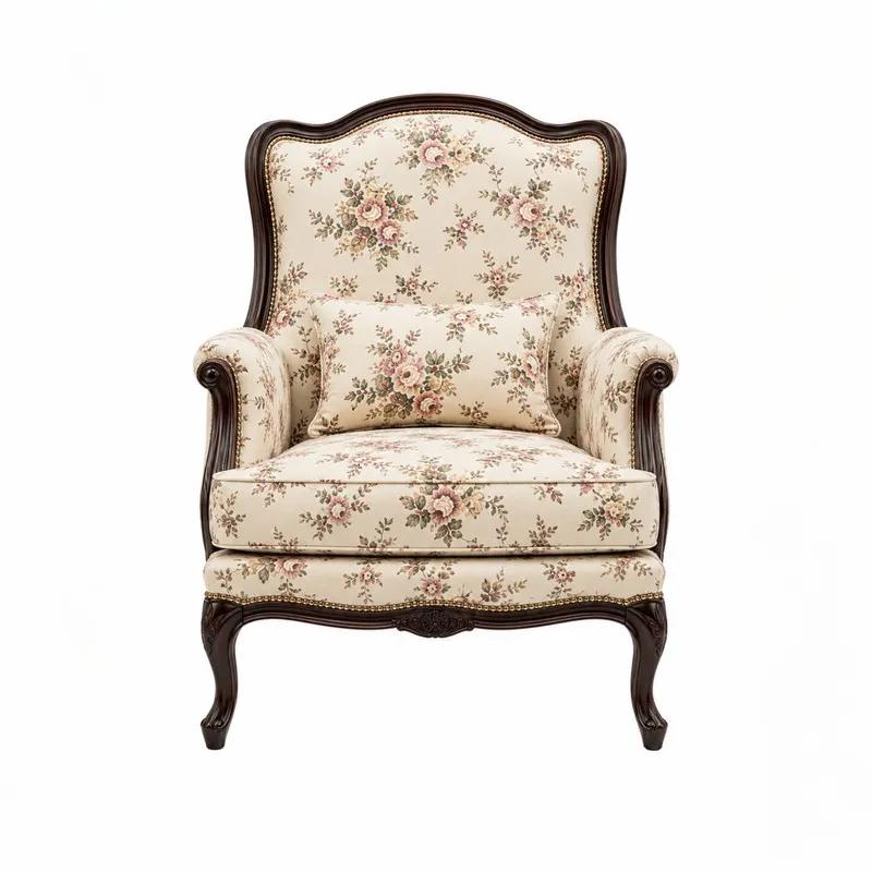 Front view of floral upholstered accent chair with dark carved wooden legs